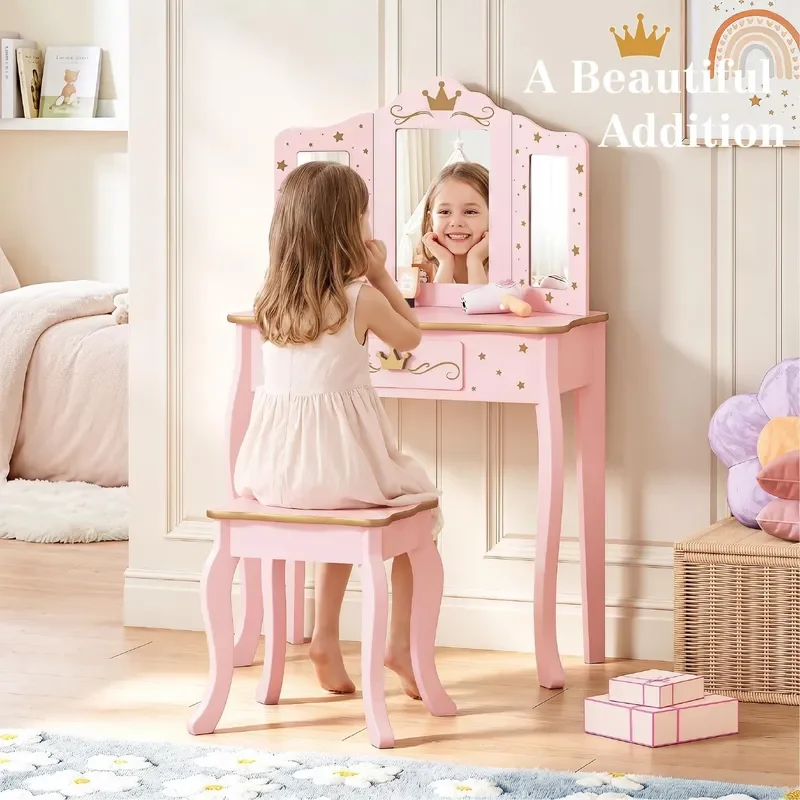 Pink Crown Princess Kids Vanity Set with Drawer for Little Girls