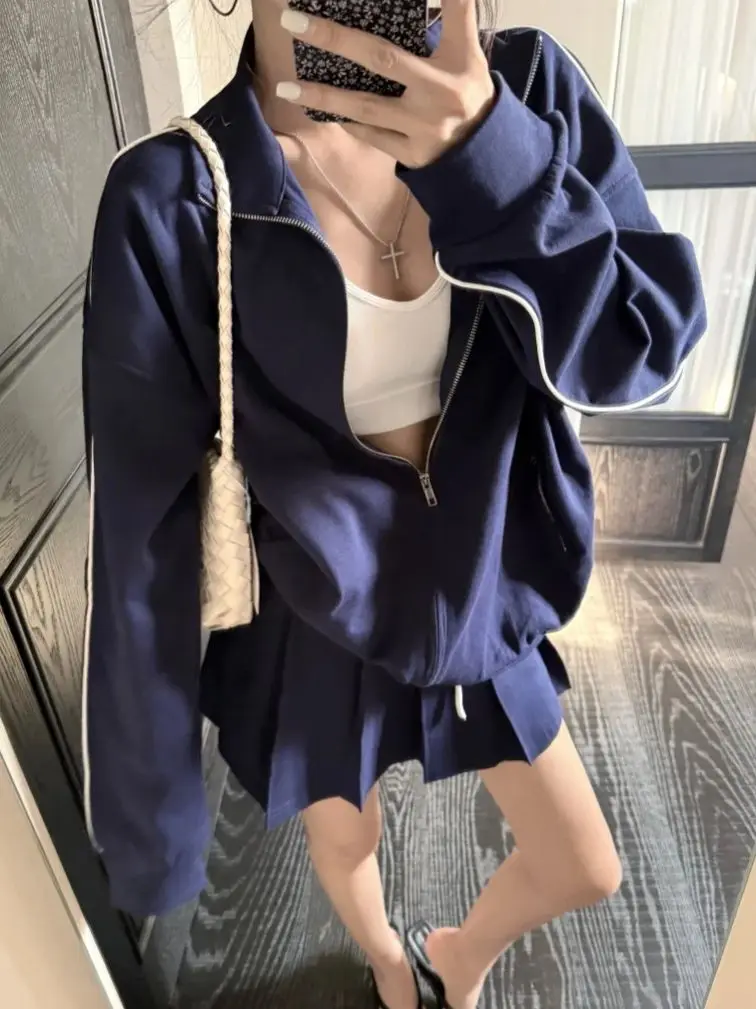 Alien Kitty New Casual Sports Suits Women Cardigans Coat Summer Loose 2025 Daily Minimalist High Street Pleated Mini Skirts Sets