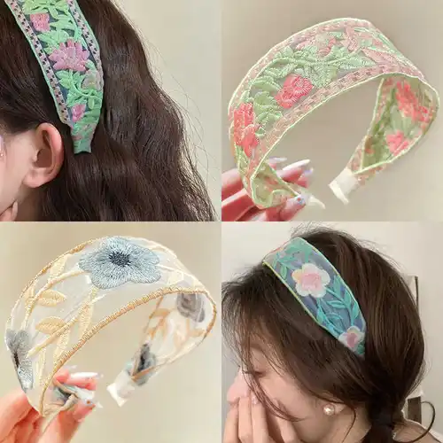 Imagen 2 del producto Diadema elegante con flores bordadas para mujer, diadema decorativa para el cabello de gasa dulce, aro para el cabello, accesorios para el cabello a la moda