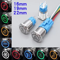 16/19/22mm Customize Metal Push Button Switch Waterproof Flat Head Car Power Icons 1NONC Momentary Latching 5V 12V 220V Red Blue