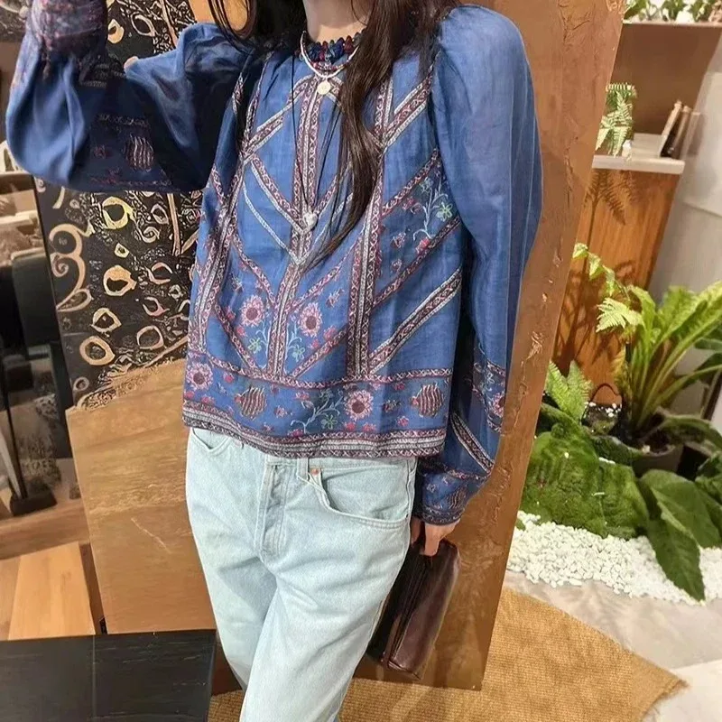 

LUXURY-Retro Tassel Pullovers, Round Neck, Contrasting Flower Top, Ethnic Style, Autumn, Winter, New, 2024