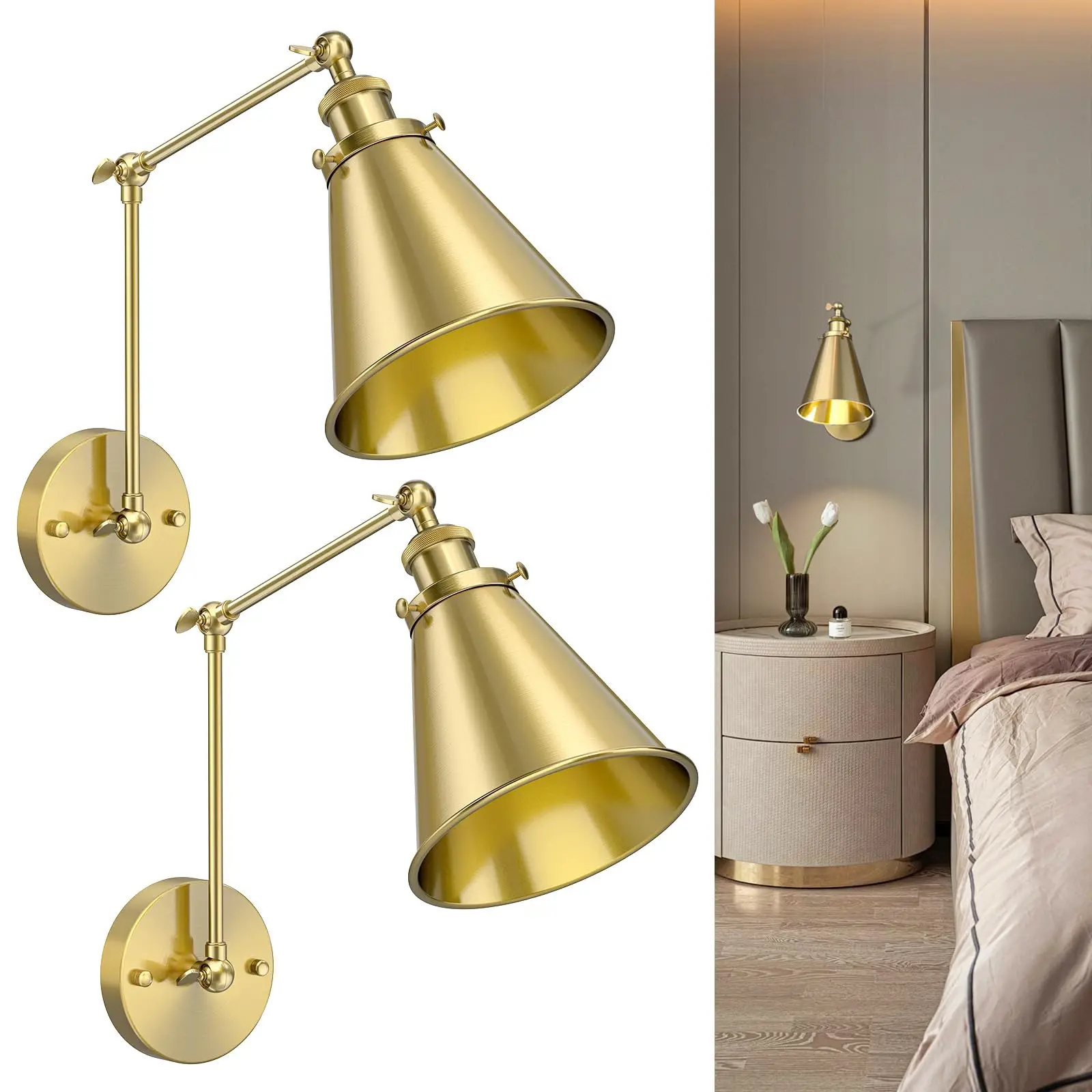 Swing Arm Gold  Wall Sconce Lamps Set of 2 Swing Decor Bras Bedroom for Living Room