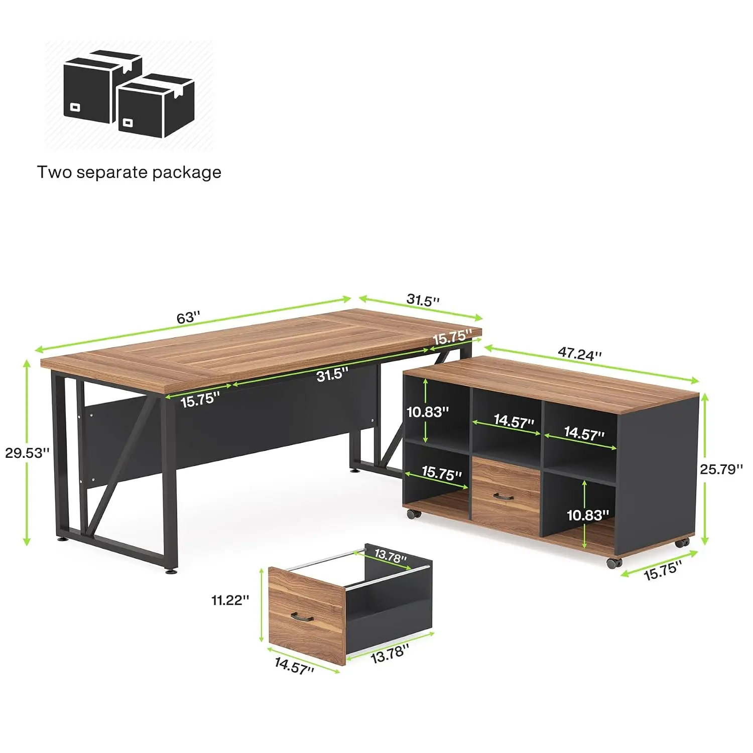 L-Shaped Executive Desk & File Cabinet Set with Drawers & Storage Shelves for Home Office Business 63