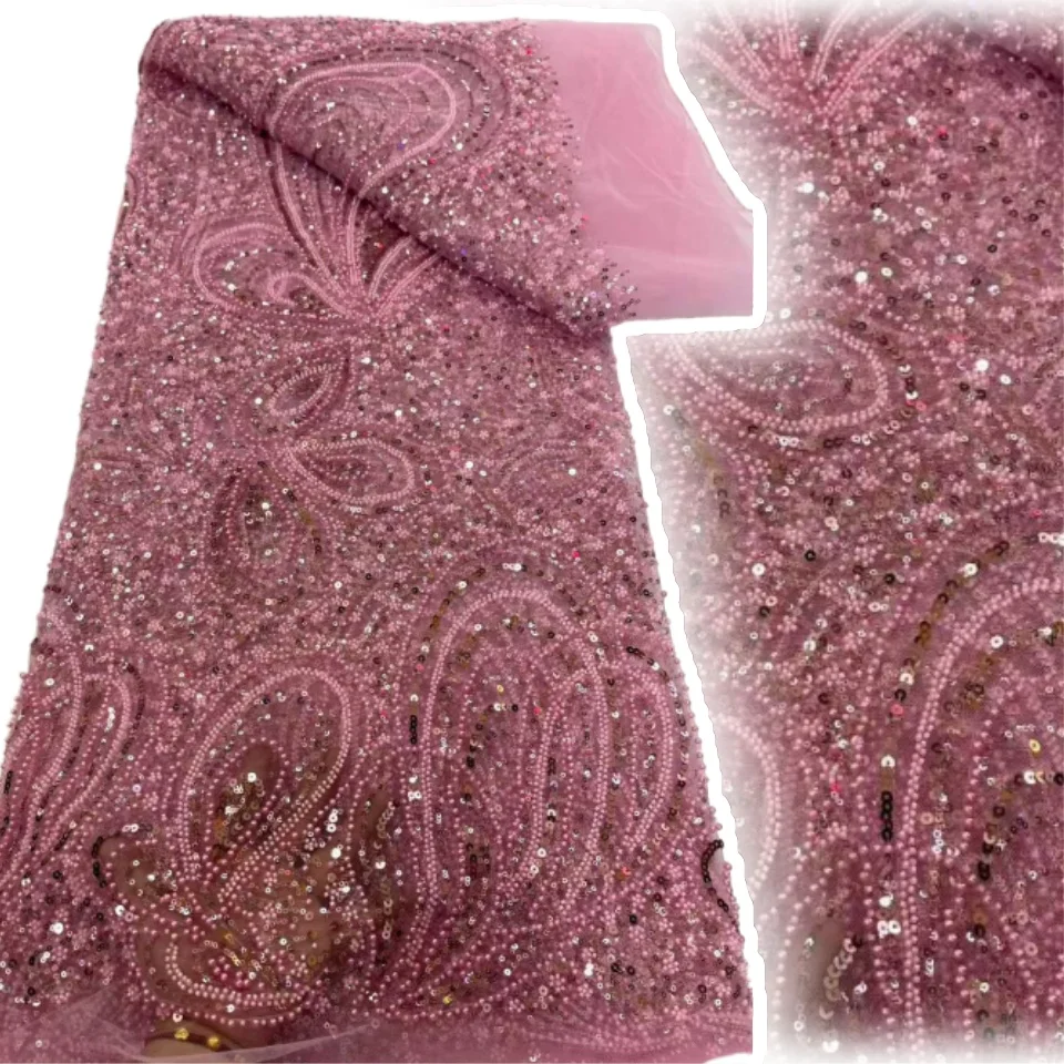 Nowa Modna Czerwona Koronka Wysokiej Jakości Siatka z Cekinami Haftowana Francuska Nigeryjska Koronka z Koralikami na Suknię Ślubną 5Y AH1396