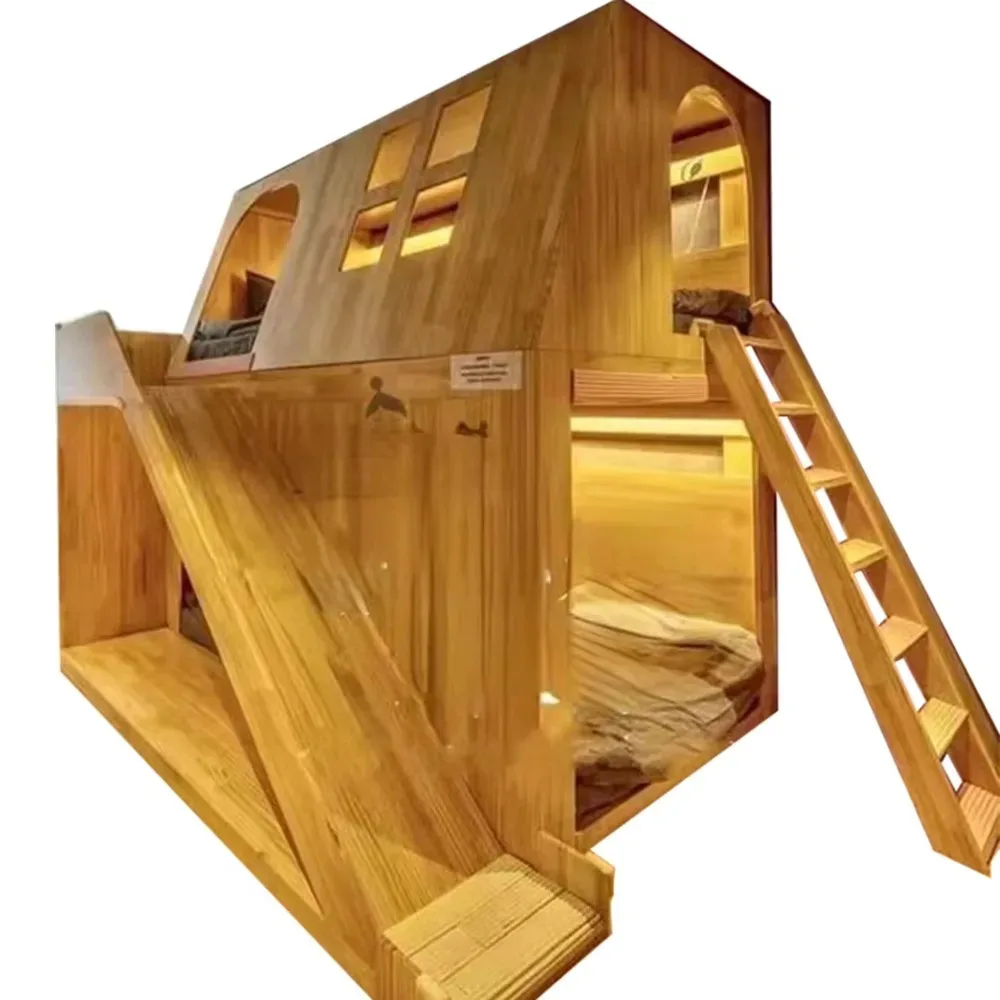 American Solid Wood Kids Tree House Bunk Bed Princess Castle Loft Bed with Slide & Ladder Secret Base Design for Bedroom
