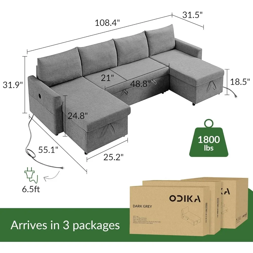 Convertible Sofa with Dual USB-C Charging Removable&Washable Reversible Chaise with Storage & Pockets U Shaped  Sectional Couch