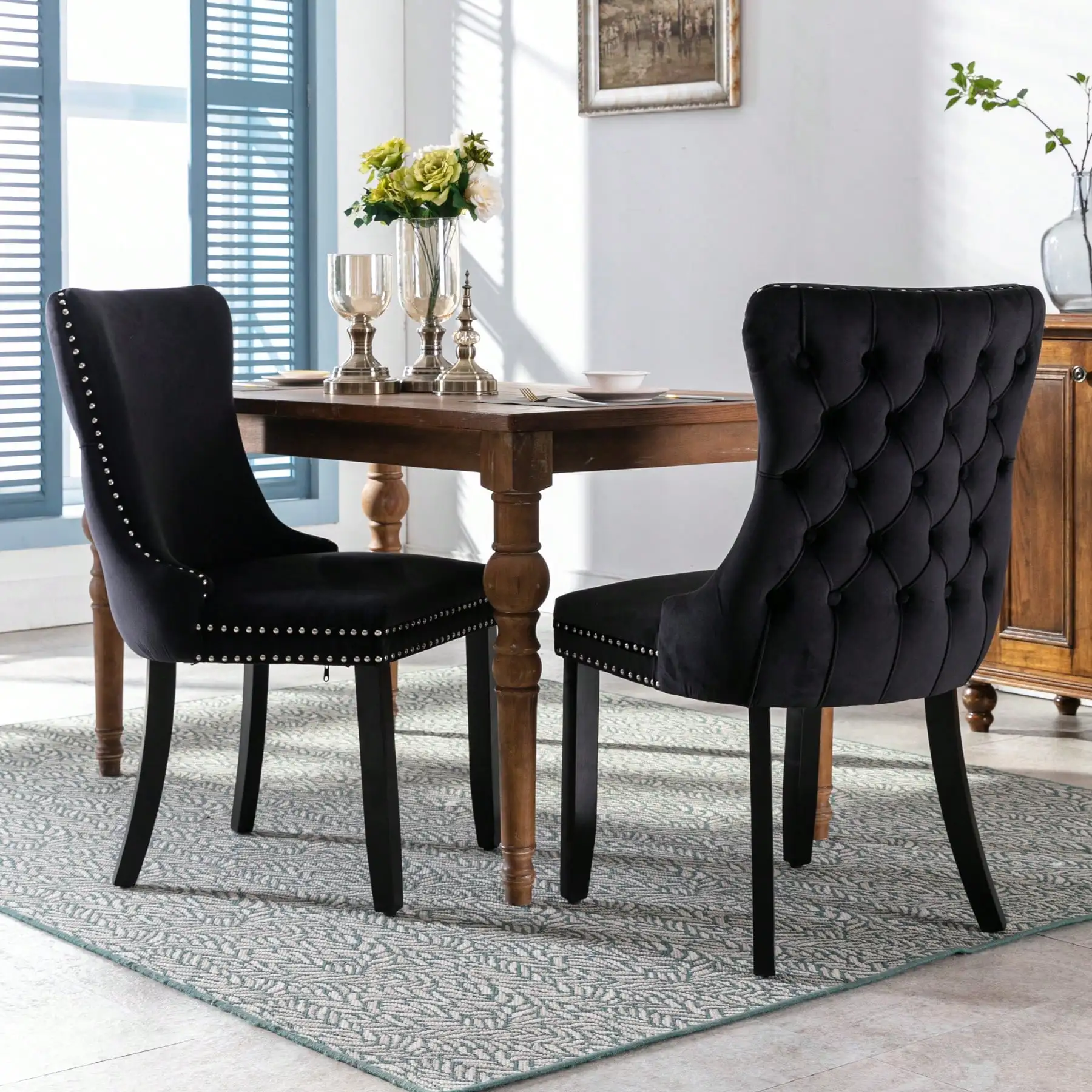 WellMall Velvet Upholstered Dining Chairs Set Of 2 Wingback Kitchen Room Accent Chairs Button Tufted Dinner Chairs With Nailhead Trim 2PCS Dining Table Chairs With Solid Wood Legs Stylish,Luxury And Elegant