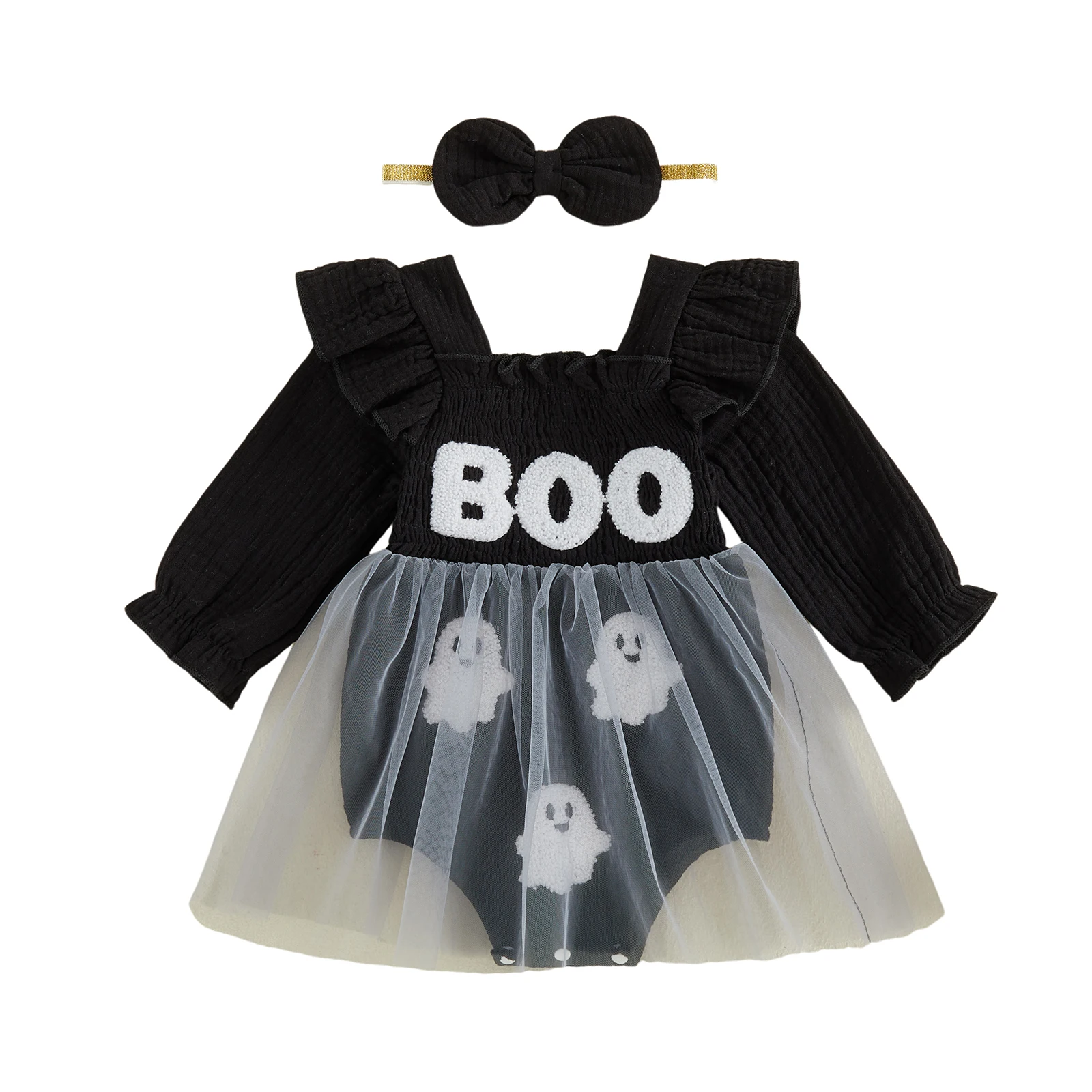 Baby Girl Halloween Outfits Pumpkin Letter Long Sleeve Smocked Bubble Romper Dress and Bow Headband 2 Piece Fall Set