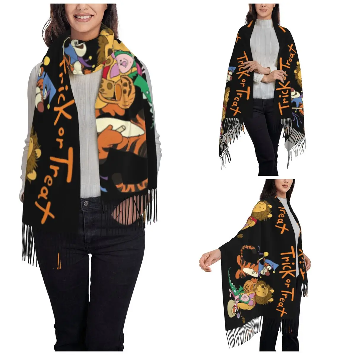 Winnie The Pooh Halloween Group Shot Shawls Wraps for Womens Winter Warm Long Soft Scarf Trick Or Treat Pashminas Tassel Scarves