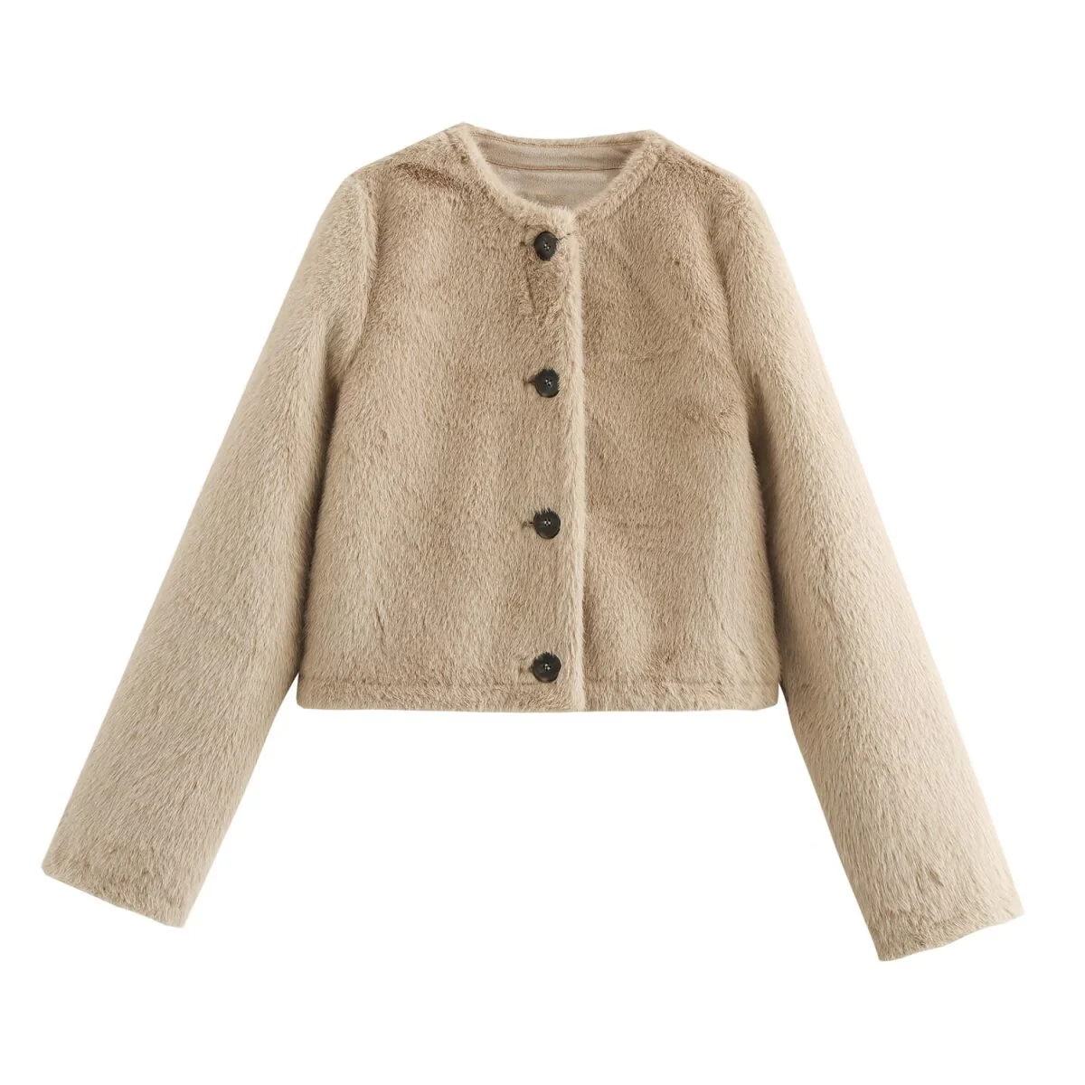 

2025 Autumn New Women's Casual Fashion Simple Loose Faux Fur Effect Round Neck Long Sleeve Short Jacket
