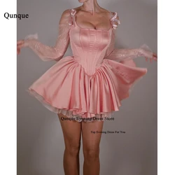 Qunque Mini Satin Cocktail Dresses Sexy Evening Party Dress With Bows Lace Straps Girl Homecoming Graduation Gowns Customized