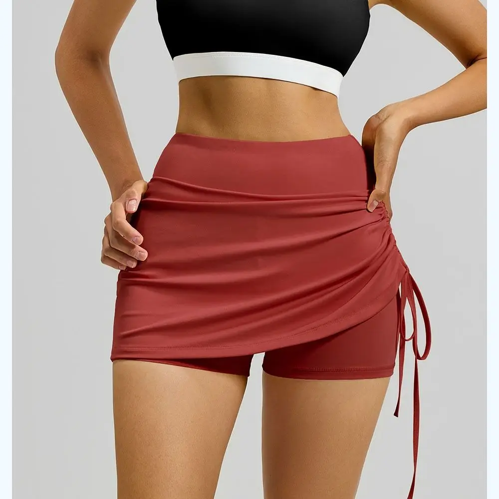 Tennisrock mit Hoher Taille, Sportlicher Kurzrock, Einfarbig mit Seitlichem Kordelzug, Yoga-Shorts, Lässige Freizeit-Laufshorts, Golf-Hose – Detail 8