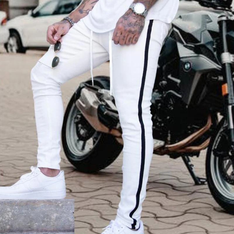 Men\'s Ripped White Jeans Casual Slim Denim Trousers Side-Stripe Skinny Pencil Pants Biker Stretch  Jeans Fashion Men Clothing