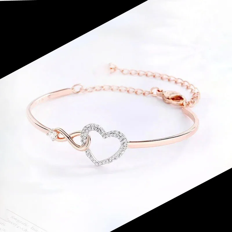 Romantic Infinity Love Heart Bracelet Rose Gold Plated Cubic Zirconia Bangle Adjustable Jewelry for Women Girlfriend Gift
