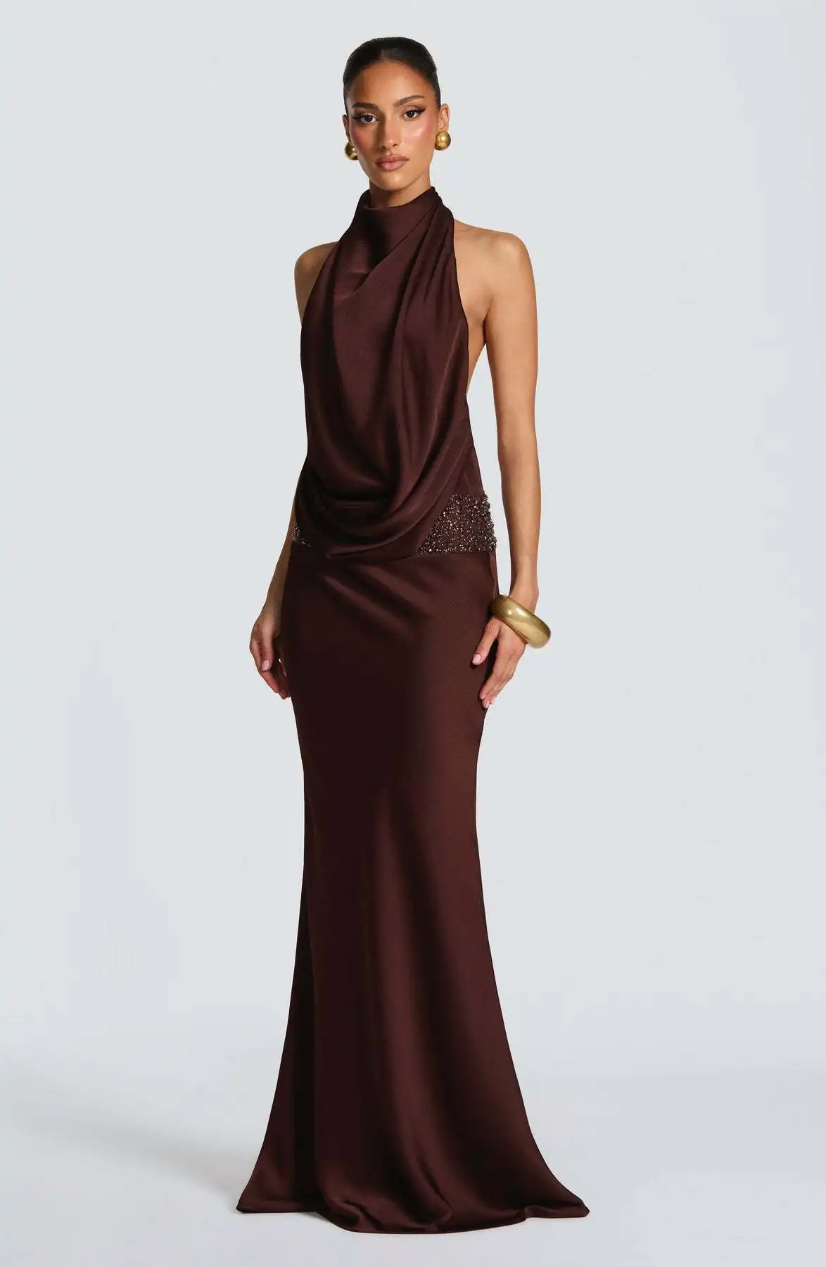 Sexy mouwloze effen feestjurk met pailletten, elegante halterjurk met open rug en holle details, lange rok tot op de grond.