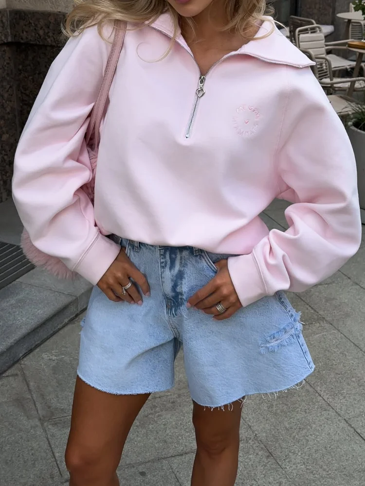 

Women Casual Zipper Embroidered Hoodie Chic Pink Loose Lapel Long Sleeve Cropped Coat 2026 New Lady Street Commute Outerwears