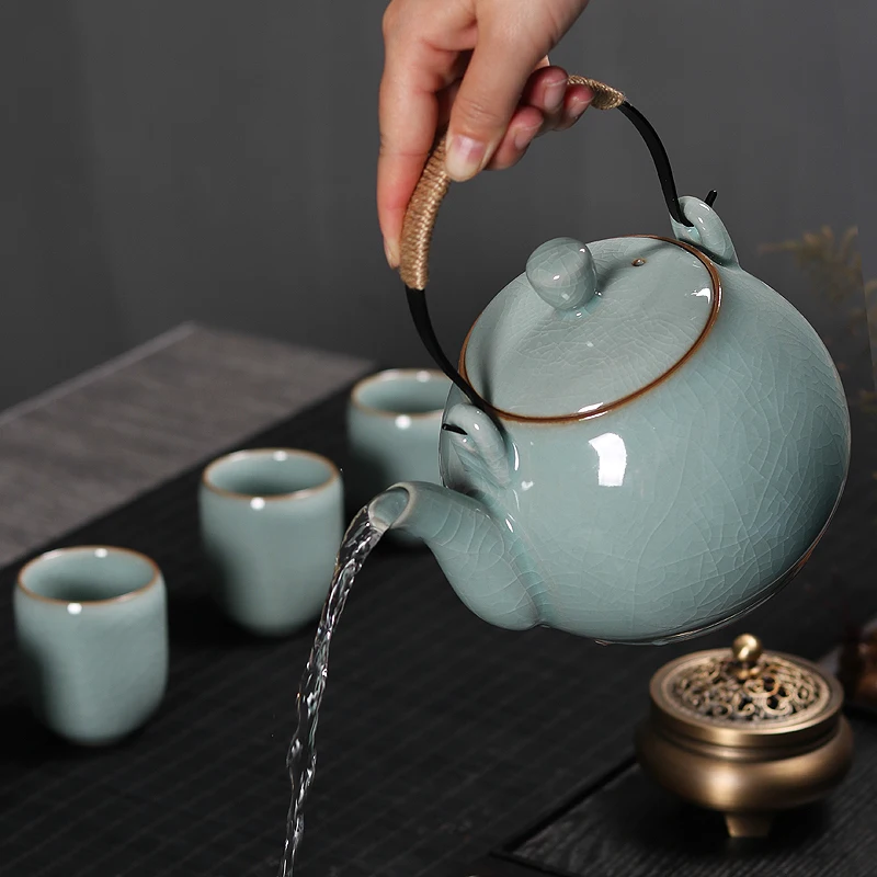 Celadon tea pot, single pot, large size Longquan ice cracked ceramic, large capacity Kung Fu tea set, brewing tea, lifting beam