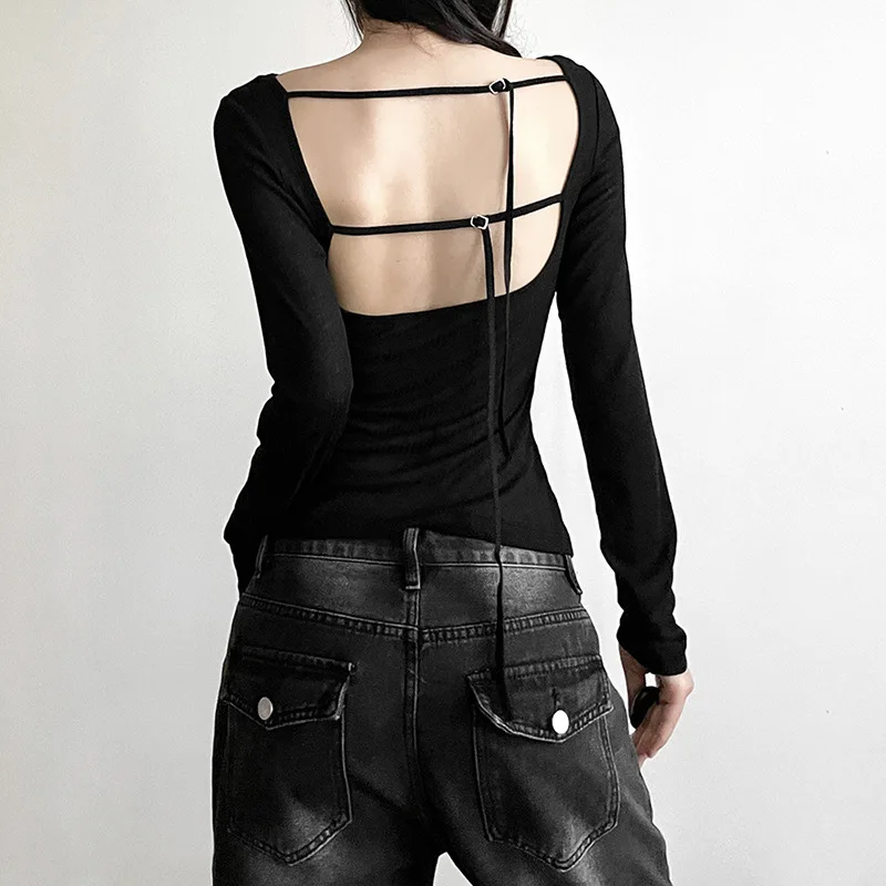 Damen-T-Shirt mit langen Ärmeln, tiefem Ausschnitt, offenem Rücken, schmaler Passform, mit Schnürung, elastischem Stoff, einfarbig, Herbstmode, kurzes Oberteil. – Detail 10