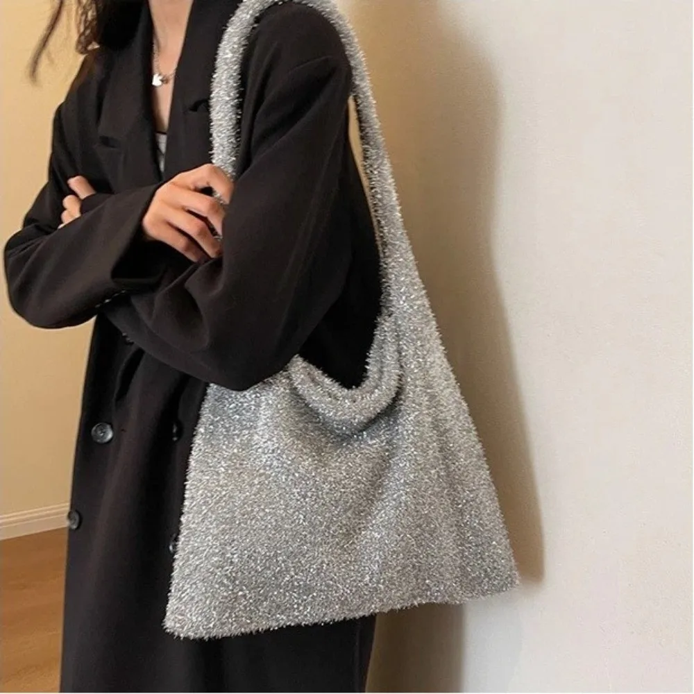 Fashion Knitted Underarm Bag BlingBling Single Shoulder Shoulder Bag Large Capacity Solid Color Women's Bag Women