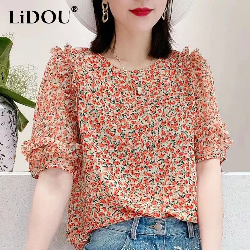 

2023 Summer Short Sleeve Chiffon Shirt Women Round Neck Floral Printing Elegant Sweet Pullovers Female Pleated Temperament Tops