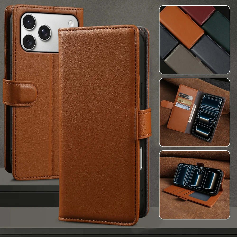 

Luxury Genuine Leather Flip Phone Case For iphone 17 Pro Max 17e 16e 16 15 14 Plus 13 12 11 Pro Wallet Stand Cover Coque Funda