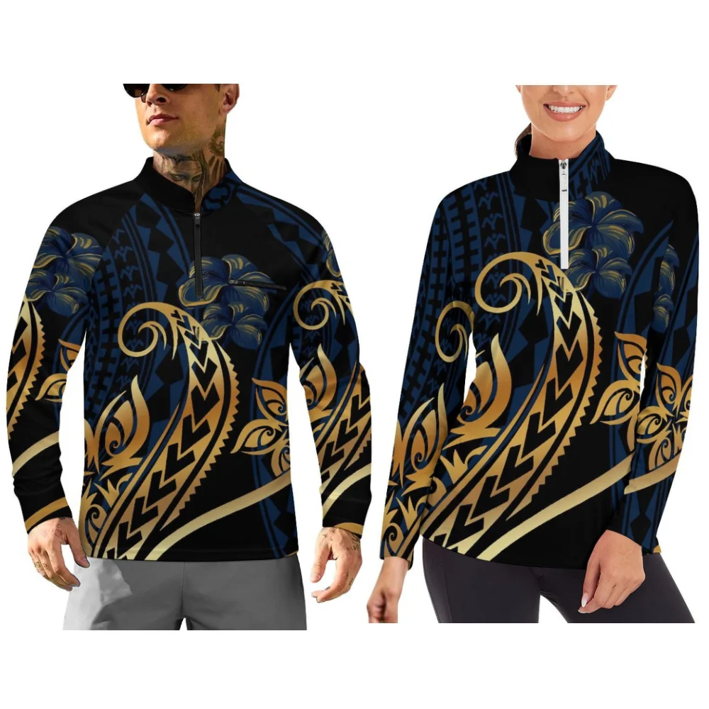 Customizable Long-Sleeved Sportswear For Couples Polynesian Floral Print Autumn And Winter Long-Sleeved Sportswear
