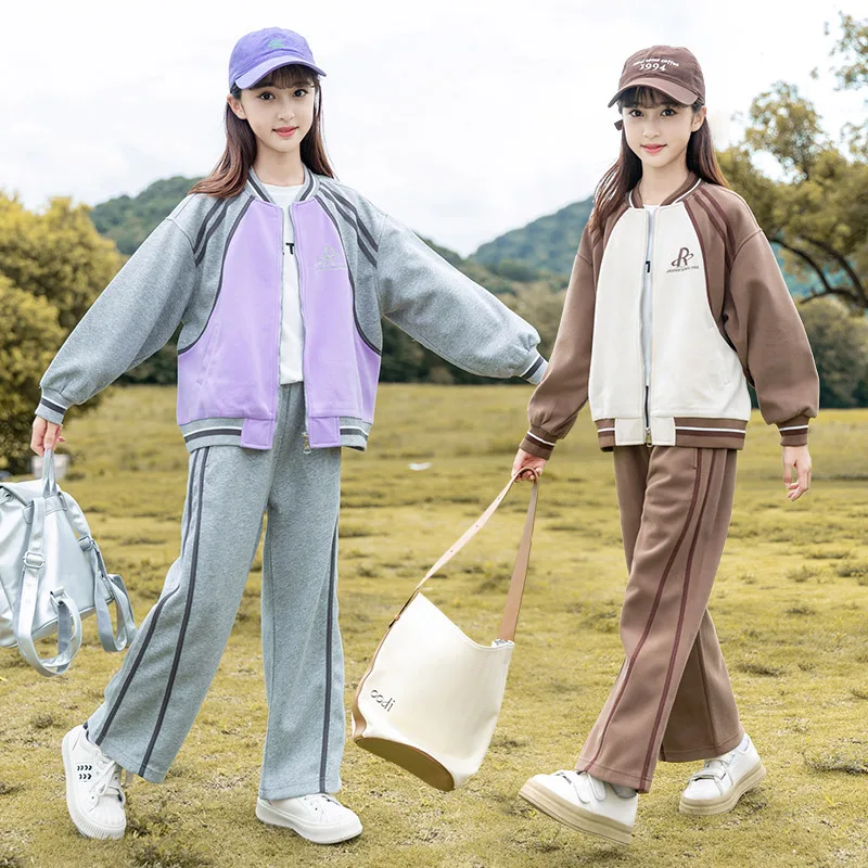 

Spring Autumn Children Girl Sports Suit 2pcs Teenager Girl Contrast Coat+Wide-leg Pants Child Jogger Outfit Workout Set 4-14Yrs