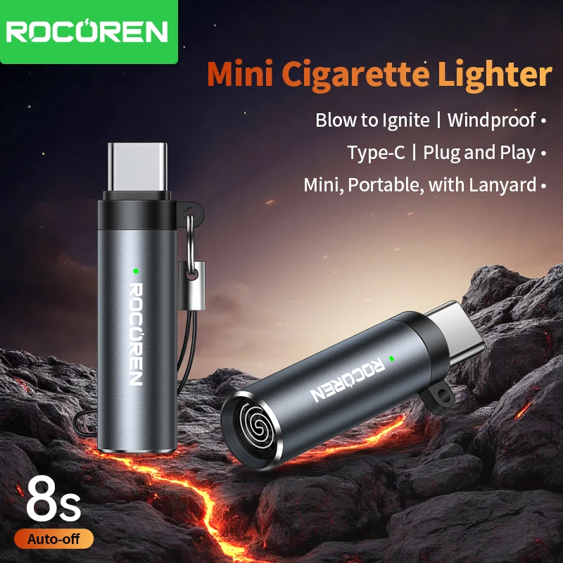 Rocoren USB-C Mini Lighter Tungsten Wire Blow-to-Ignite Safety for Air Travel No Flame Auto Shut-Off Typec Cigarette Lighter