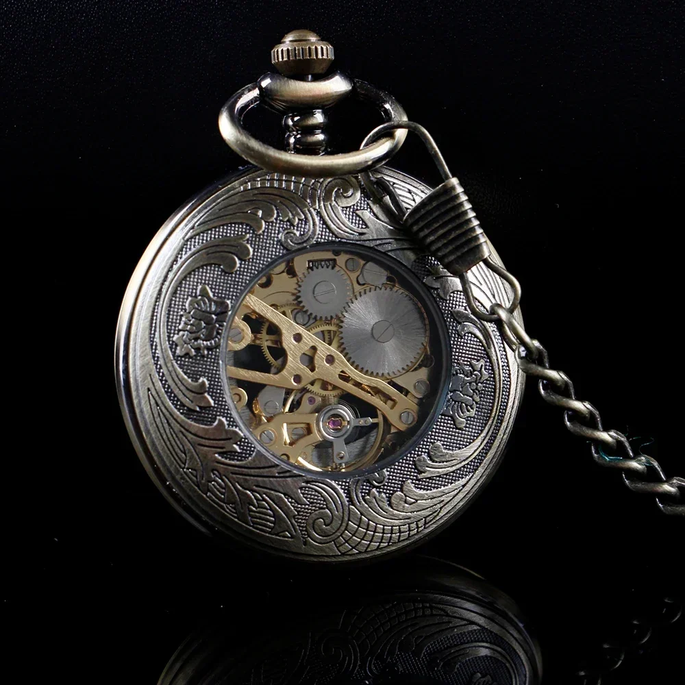 Retro Steampunk Skeleton Men Mechanical Pocket Watch Arabic Numerals Hollow Poker Pattern Half Hunter Bronze Pocket Clock Gift