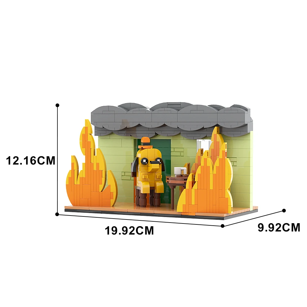 Moc This Is Fine-meme Vignette Blocks Set Anime Cartoon Hound Dog Flame Chair Comic Animals Creativity Model Brick Gift