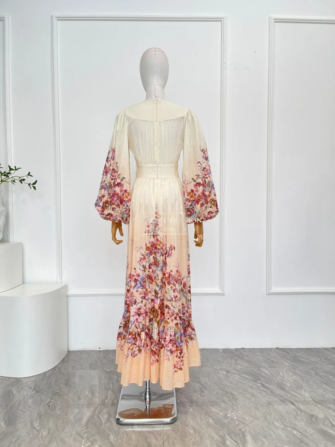 

White Pink Floral Print Long Sleeve Midi Dress 2025 New Design