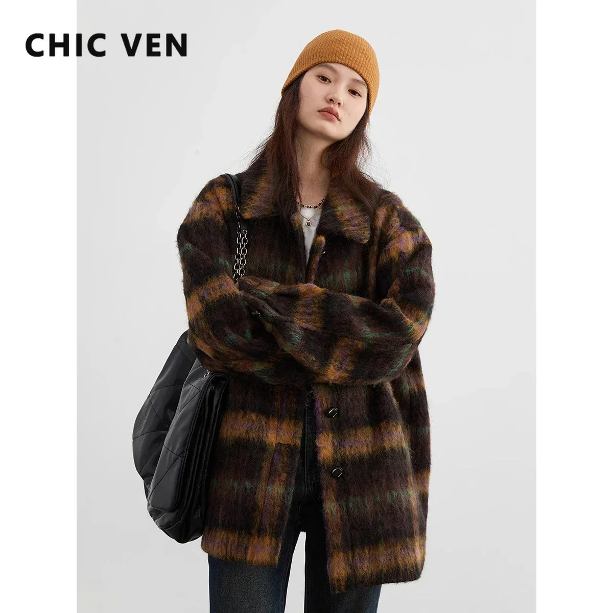 

CHIC VEN Women Woolen Coat Loose Casual Single Breasted New Vintage Polo Collar Plaid Female Overcoat Autumn Winter 2023