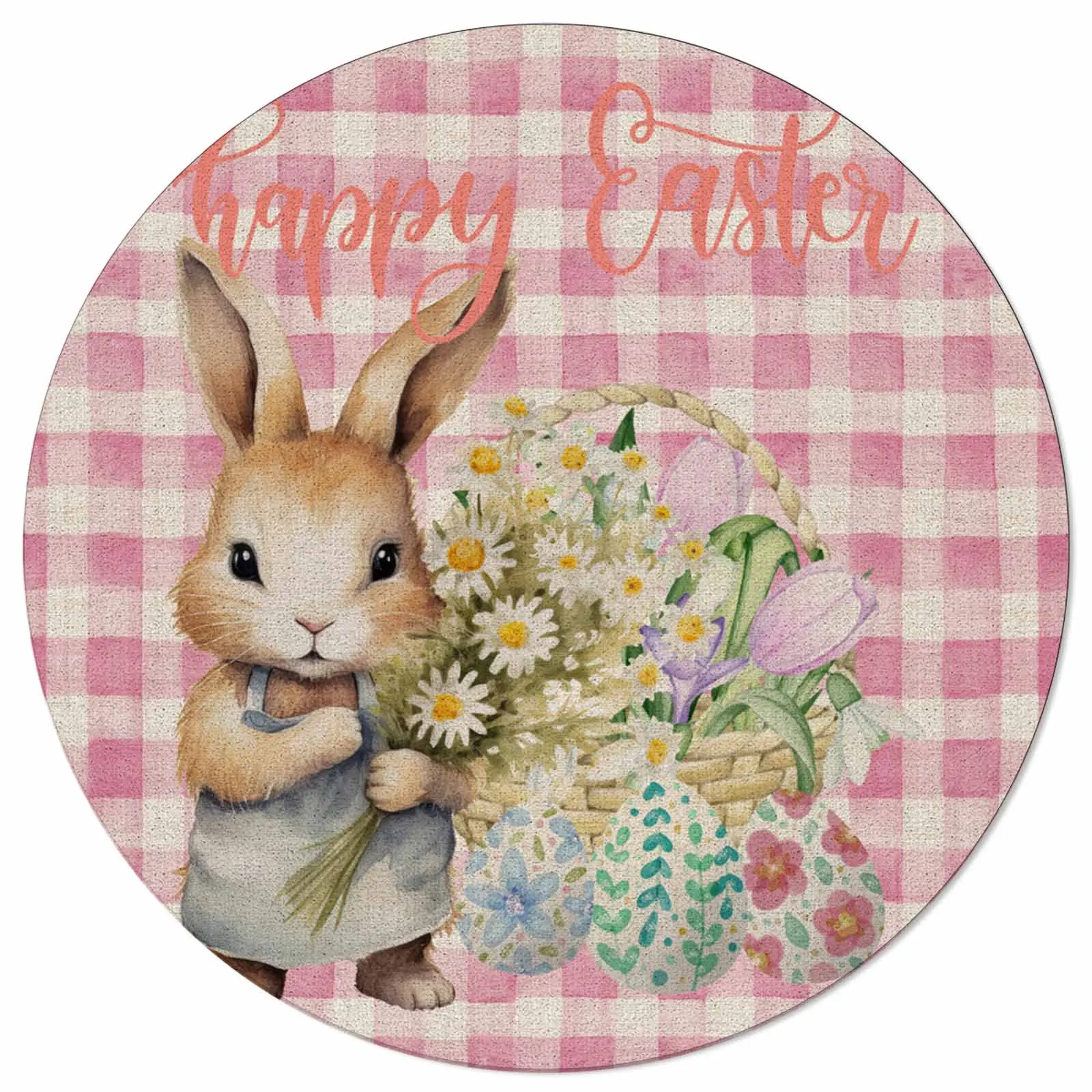 Easter Rabbit Flower Egg Plaid Pattern Round Area Rug Carpets For Living Room Large Mat Home Bedroom Kid Room Decoration