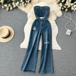 Amolapha Women Summer Denim Strapless Crop Tops+High Waist Hole Wide Legs Pants Clothing Sets