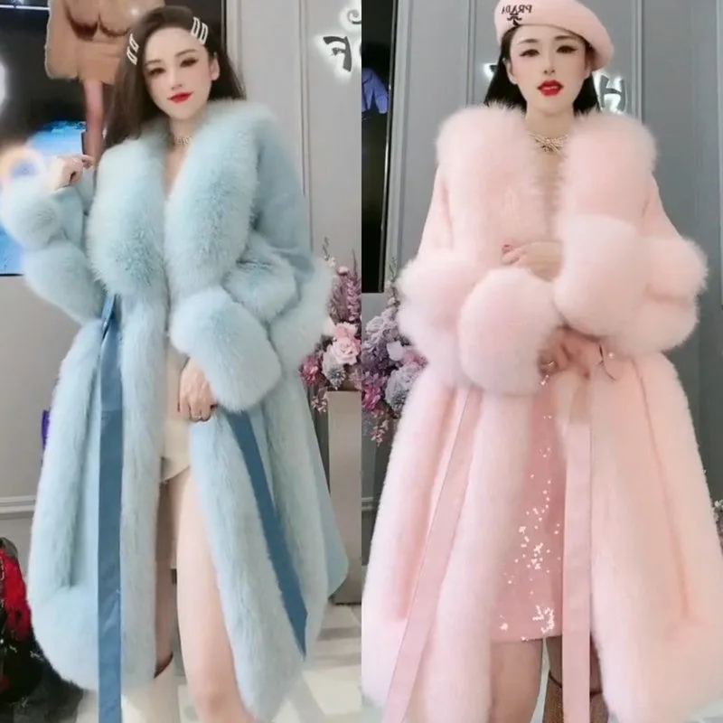 

robe woolen overcoat collar mixed with fur coat long cotton-padded for women