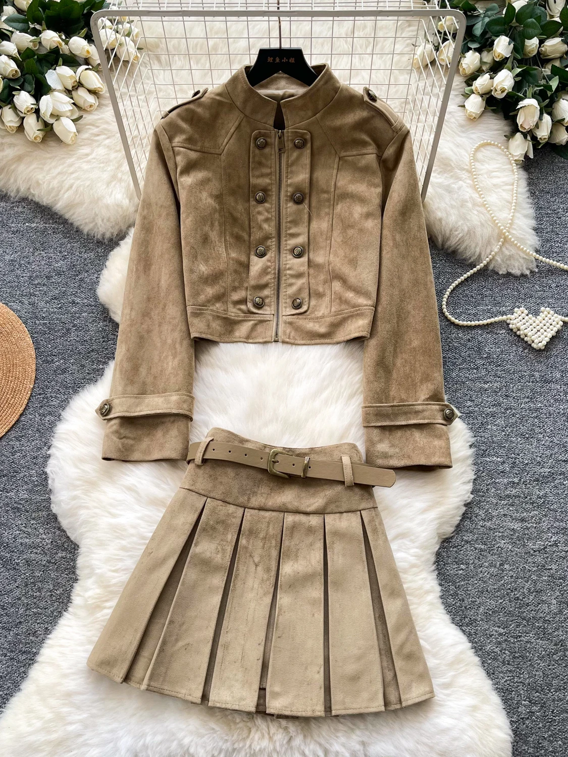Retro British Style Suede Two-Piece Set Women's Short Double-Breasted Coat Pleated  Skirt Elegant Commute Outfit Autumn Wear