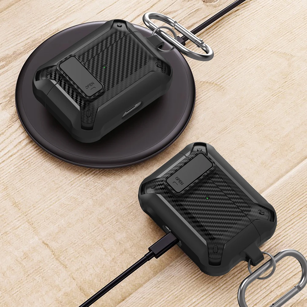 Funda con cerradura de seguridad para Airpods Pro 2, funda de lujo con interruptor de fibra de carbono para auriculares con llavero para Airpods 4