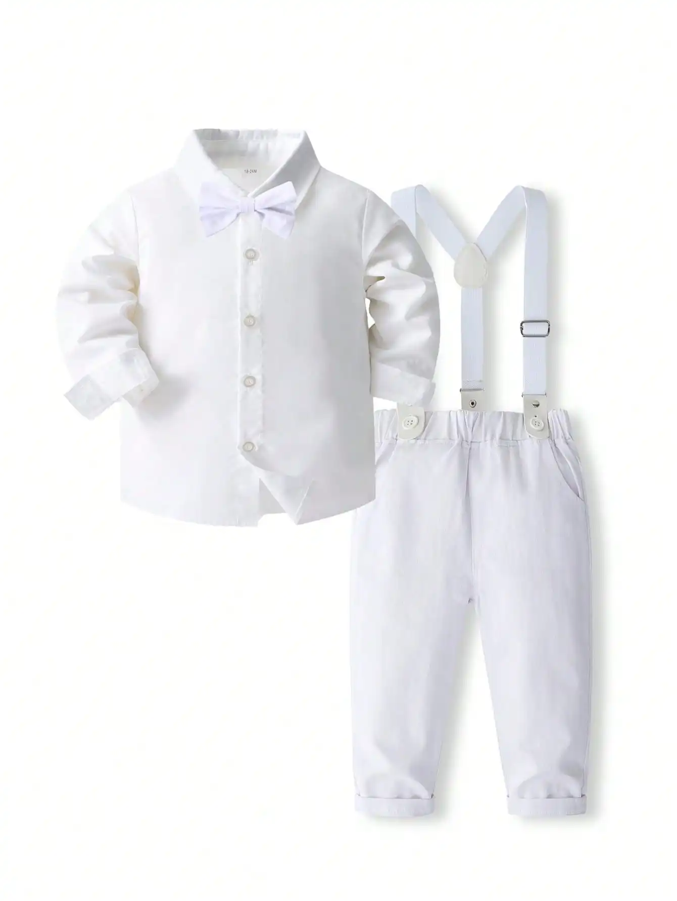 

Комплект из 2 предметов: белый нарядный костюм для мальчиков-малышей — рубашка с галстуком-бабочкой и брюки на подтяжках