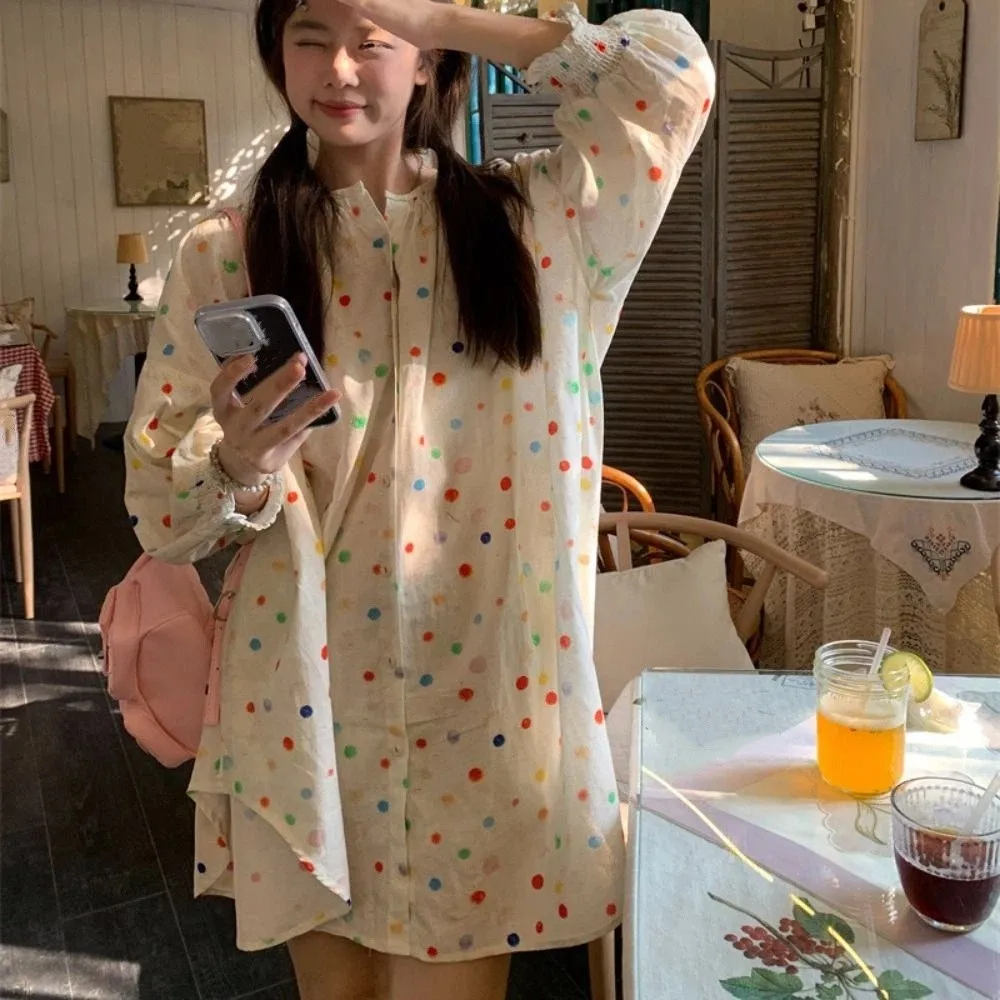 

Милая красочная блузка в горошек в стиле ретро, свободная плиссированная рубашка, топ, тонкая весенне-осенняя рубашка на пуговицах, женская весна-осень