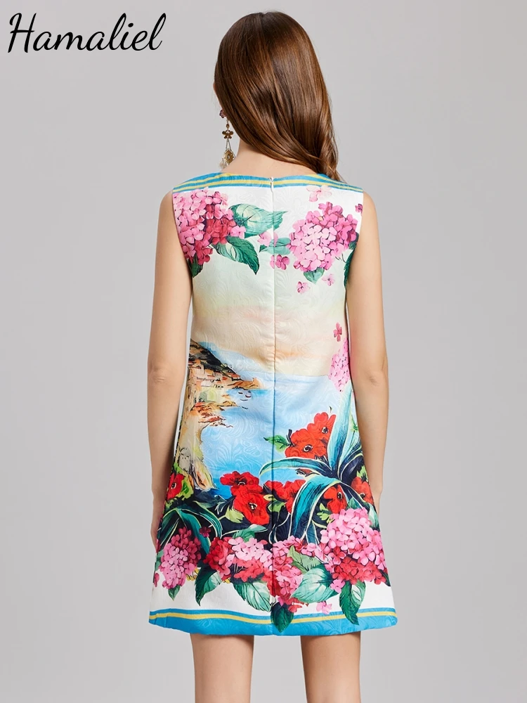 新しい夏休みアジサイの花ジャカードベストドレス女性のノースリーブタンクジッパー花柄 A ラインミニビーチ Vestidos