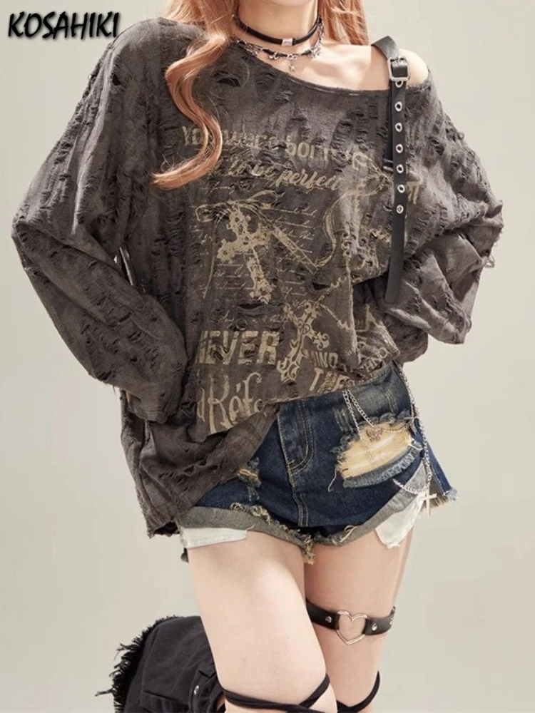 

Harajuku Letter Printing T-shirts Streetwear Women Casual Loose Skew Collar Belt Vintage Tshirt Y2k Aesthetic Grunge Hole Tops