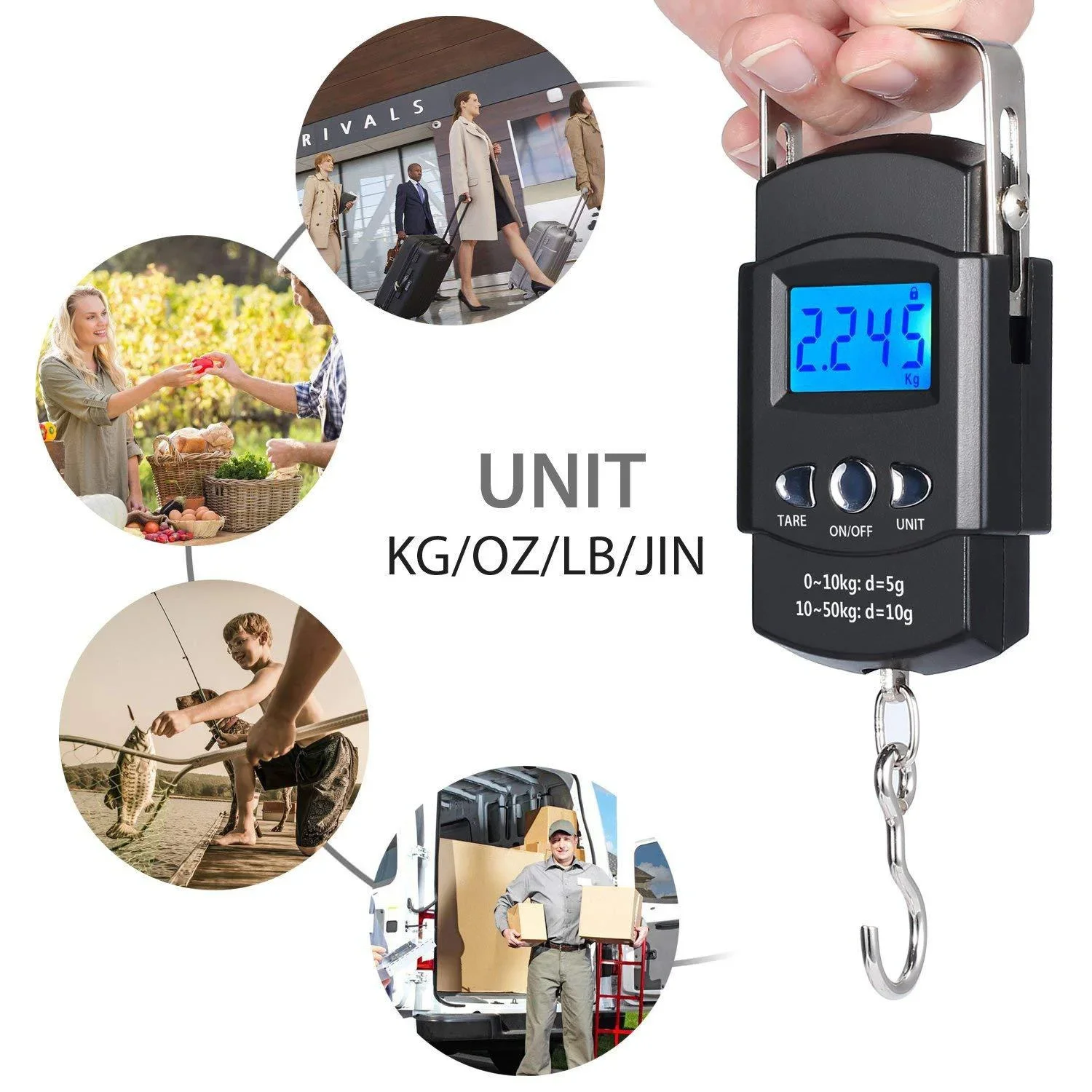 Portable 110 pound/50 kilogram hanging scale, digital scale, backlit fishing scale, luggage weighing tool with tape measure