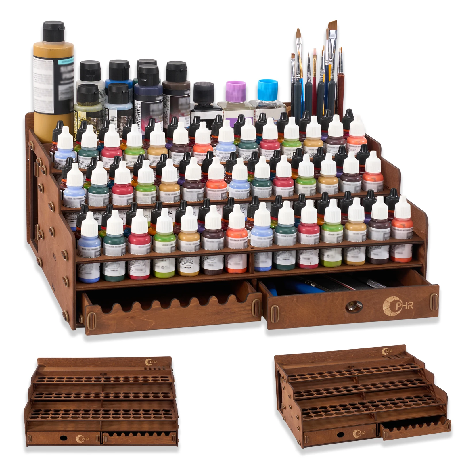 OPHIR organisateur de peinture en bois avec 98 trous, pour le rangement du ensemble de peintures miniatures, porte-pinceau avec 24 emplacements 1 tiroir MG076