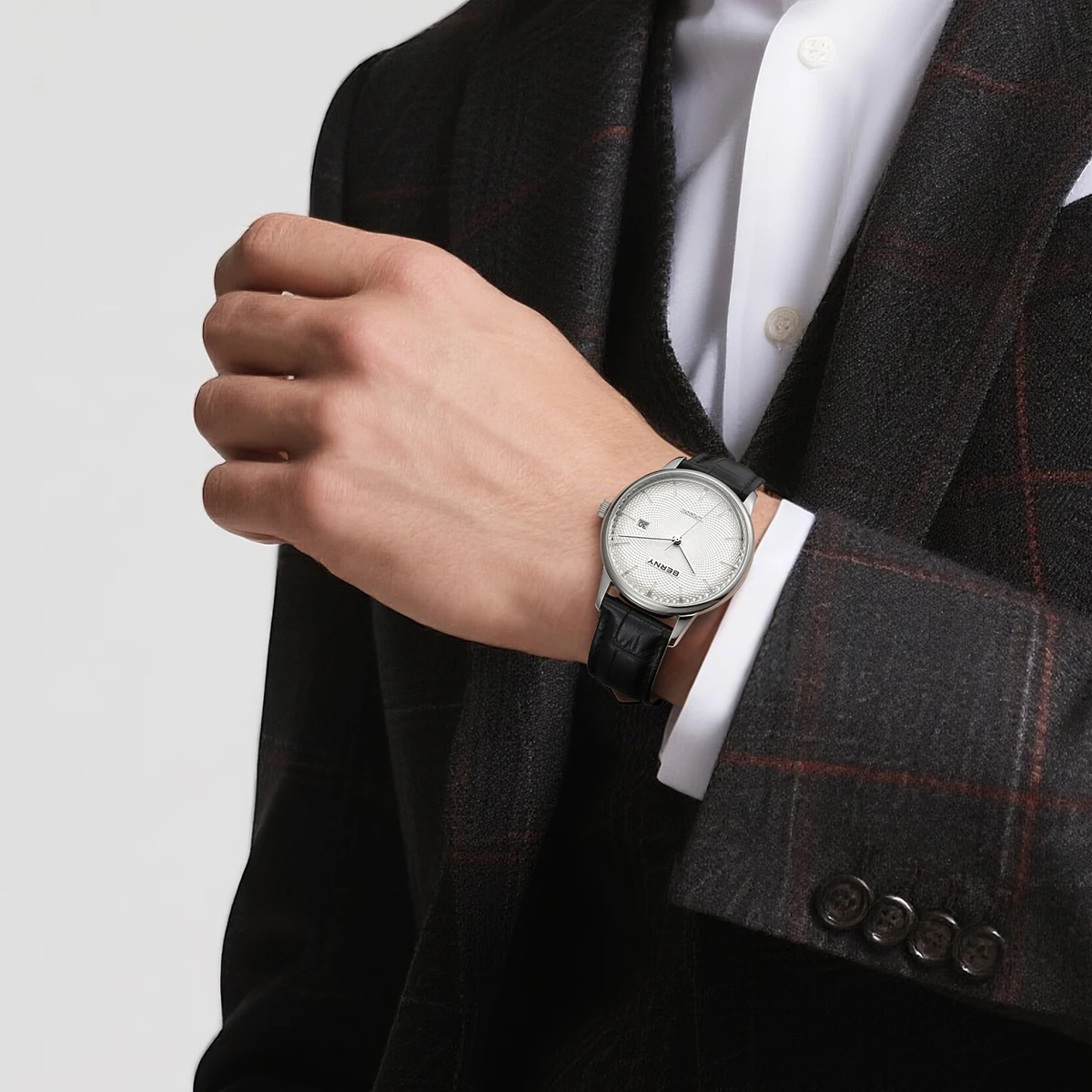 BERNY Automatikuhren für Herren, luxuriöse klassische mechanische Herrenuhr, gewölbtes Glas, Kalender, elegante, schlanke Armbanduhr – Detail 11