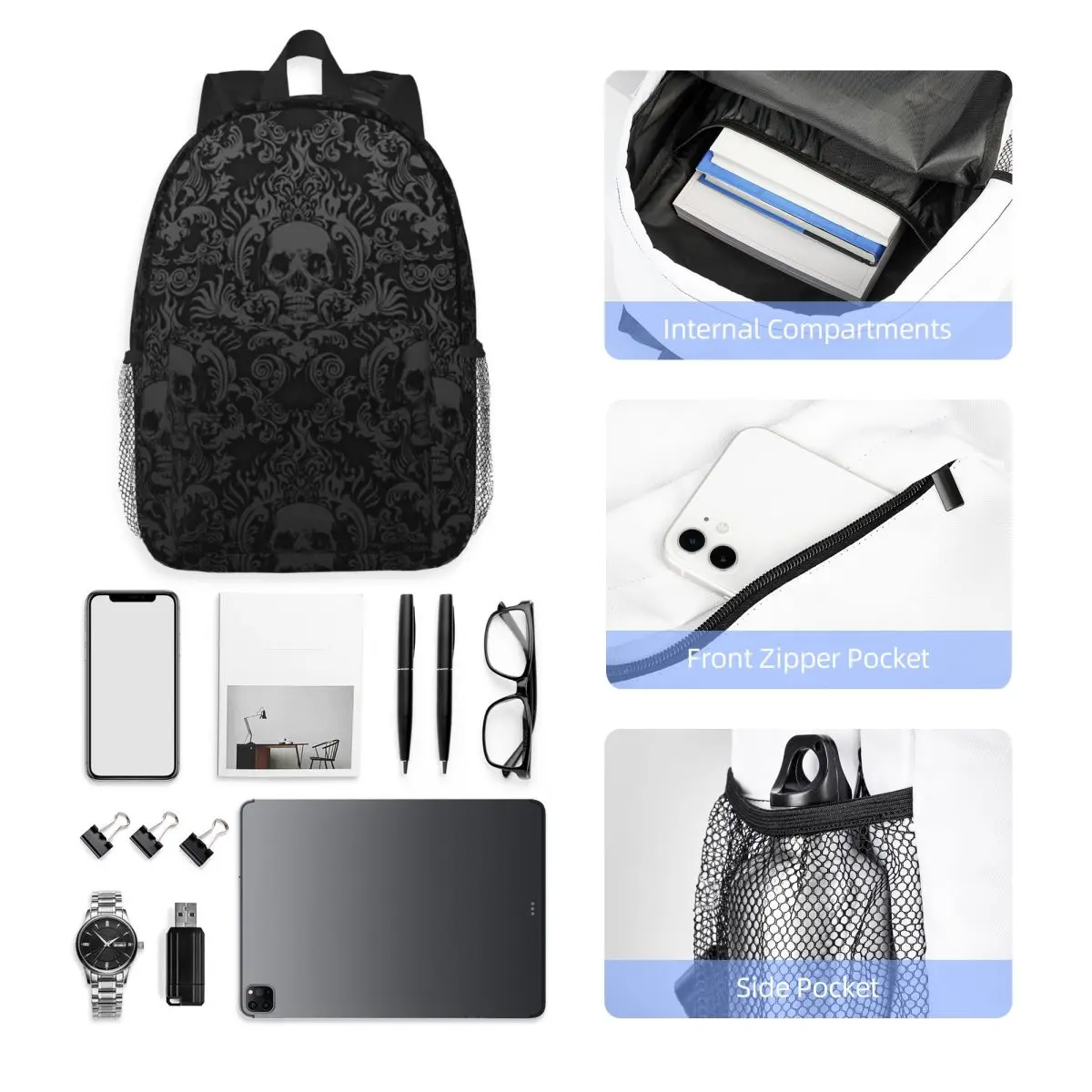 Victorian Gothic Black Skull Backpack Student Boys Girls BookBag Men Women School Bag Laptop Shoulder Bags