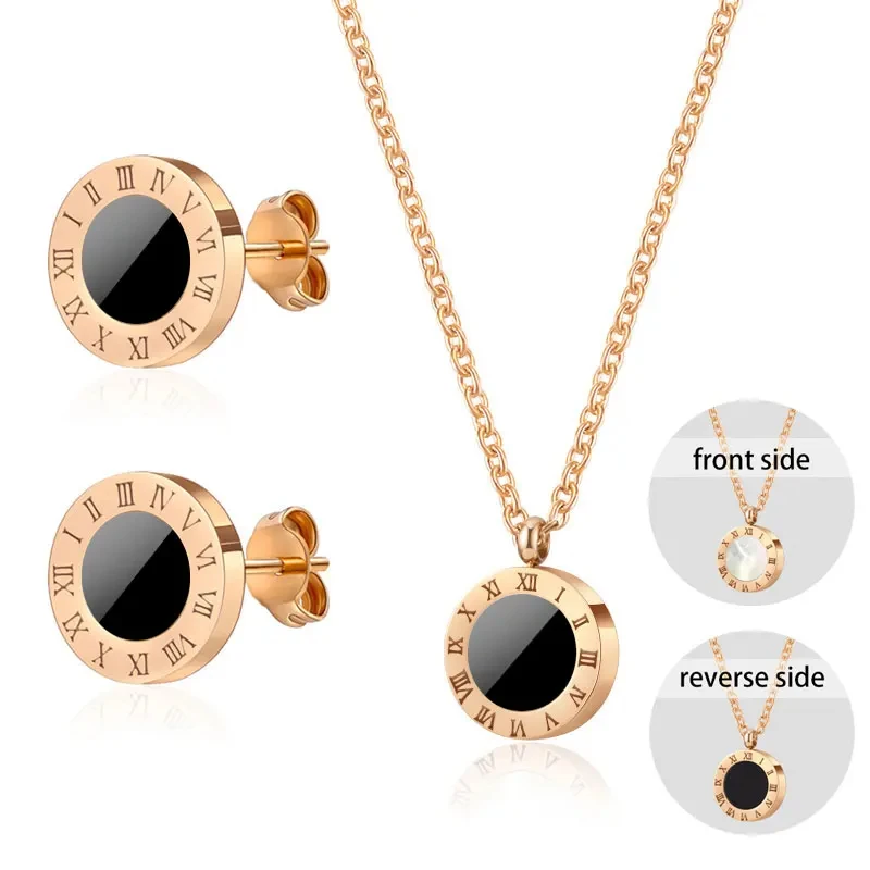 2Pcs Luxury Classic Roman Numeral Stainless Steel Earrings Necklace Black White Shell Pendant Jewelry Sets For Women Gifts