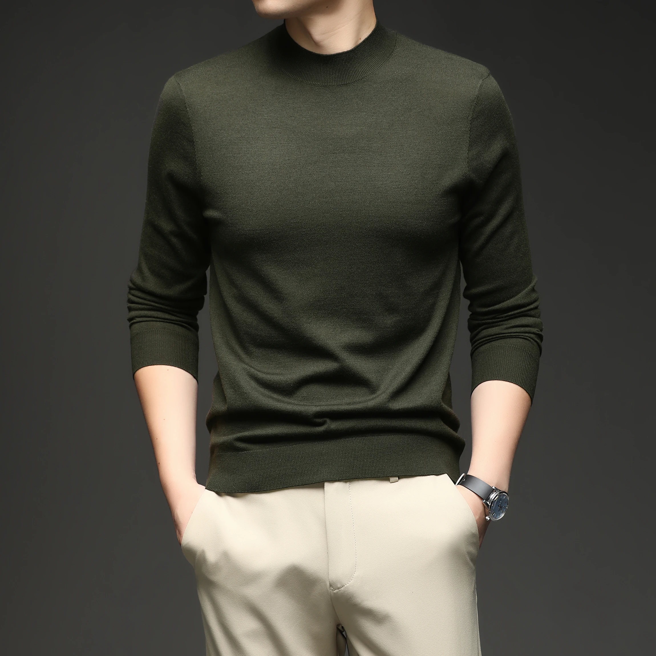 Lã de seda masculina malha t 2025 outono casual mock neck camisola fina manga longa lã de ovelha malhas pulôver roupas