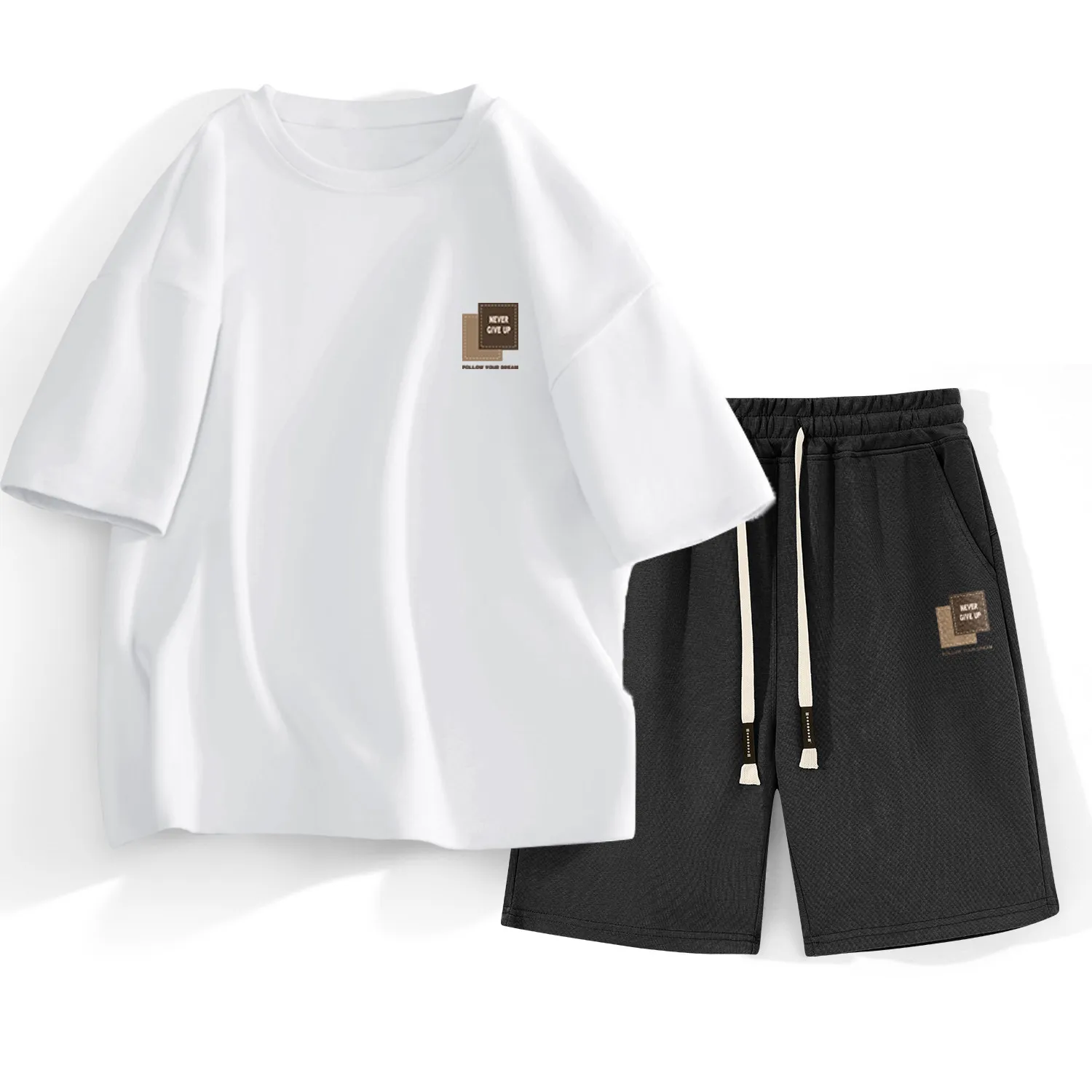Summer Loose Casual Round Neck Off-White Black Cotton Short-Sleeved T-Shirt Men Elastic Gray White Khaki Shorts Set