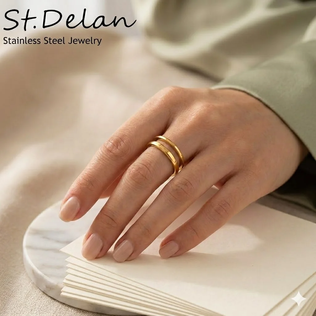 St-Delan Vintage & Minimalist Open Ring for Women — Double-Layer Adjustable 18K Gold-Plated Stainless Steel Jewelry