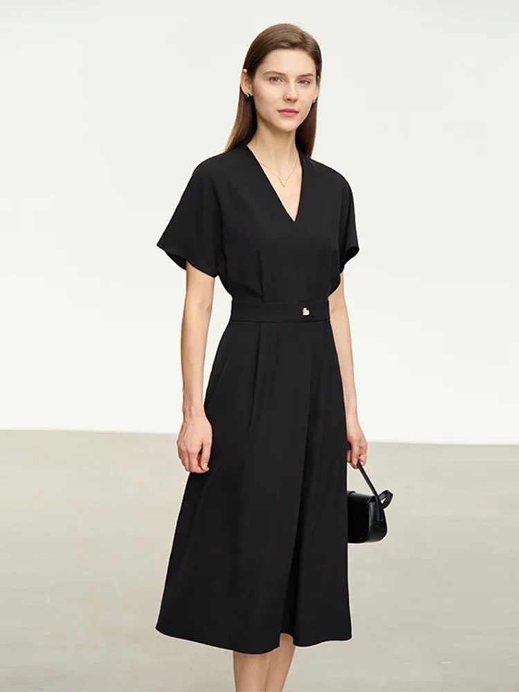 

AMII Minimalism A-Line Dresses for Women 2025 Summer Elegant V-neck Short Sleeve Elastic Waist Office Female Midi Dress 12342596